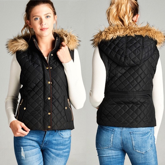 womens black vest with fur hood